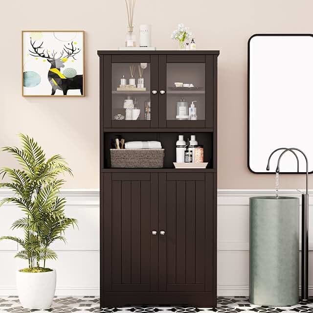 Irontar Bathroom Storage Cabinet, Freestanding Bathroom Cabinet with Open Shelf, Kitchen Pantry Cabinet with Doors, Bathroom Floor Cabinet, Cabinet for Bathroom, Living Room, Bedroom, Black CWG007B