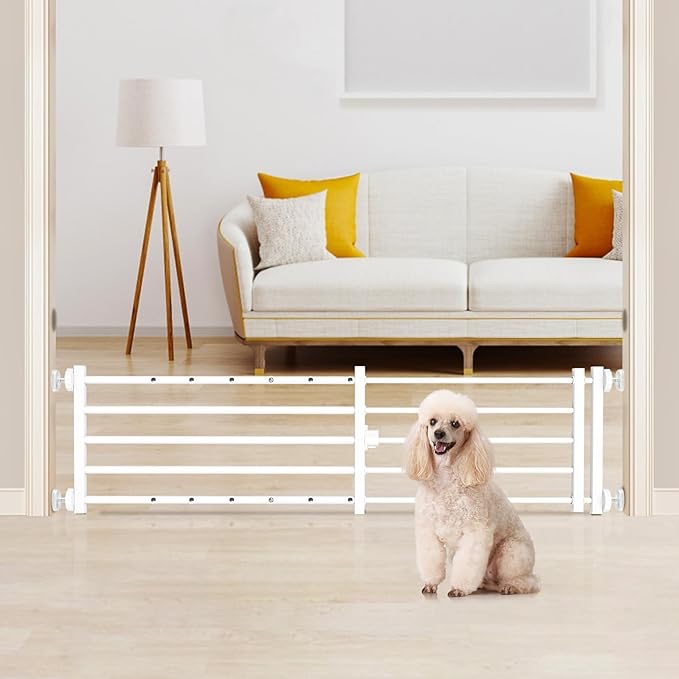 Yoochee Metal Short Dog Gate to Step Over - 13.8'' H x 23.6''-42.5'' W Expandable Dog Gate with Door, Pressure Mount Dog Gate for Stairs Indoor and Doorways Suitable for Small & Medium Dogs & Puppy