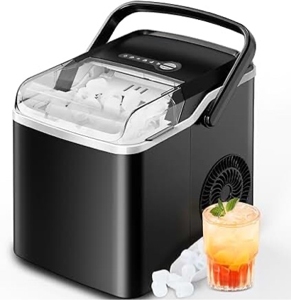 Countertop Ice Maker, 9 Cubes Ready in 6 Mins, 26lbs in 24Hrs, Self-Cleaning Ice Machine with Ice Scoop and Basket, 2 Sizes of Bullet Ice for Home Kitchen Office Bar Party(Black)