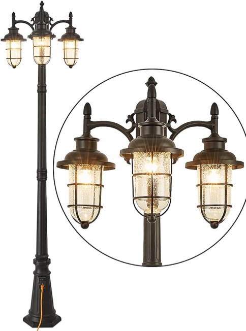 CMRCOZIRA Triple-Head Street Light with Outlet, Nautical Style Outdoor Post Light, IP65 Outdoor Lamp Post Lights with Clear Seeded Glass, Outdoor Street Light Matte Black for Street, Garden, Driveway