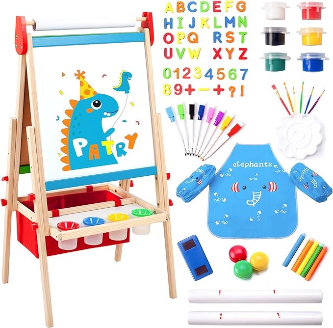 Kids Easel Including 100+ Accessories, Double Sided Wooden Easel for Kids - Magnetic Chalkboard & Painting Board & 2 Paper Rolls, Art Easel Supplies for Toddlers 3-8 Height Adjustable