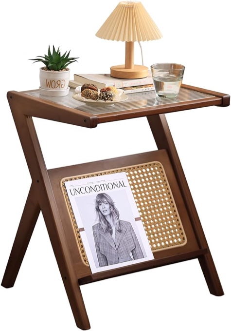 Tiita Rattan Side Table, Mid Century Nightstand, Bamboo Accent Bedside Tables, Glass Coffee Tables, Boho Wooden End Table with Storage for Small Space, Living Room and Bedroom