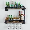 BOTAOYIYI Wine Rack Wall Mounted 2 Tier, Hanging Floating Small Mini Bar Liquor Shelves with Glass Holder Storage Under, Industrial Rustic Pipe Farmhouse Kitchen Decor Black(23.6x10.6x19.7)