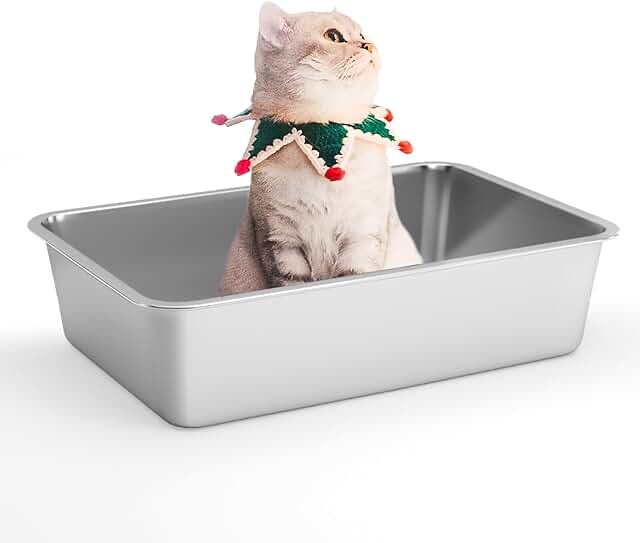 IKITCHEN Stainless Steel Litter Tray for Senior Cats, Low Entry Large Open Metal Litter Box for Arthritic Sick Frail or Disabled Cats Older Cats, 23.5" L x 15.5" W x 4" H