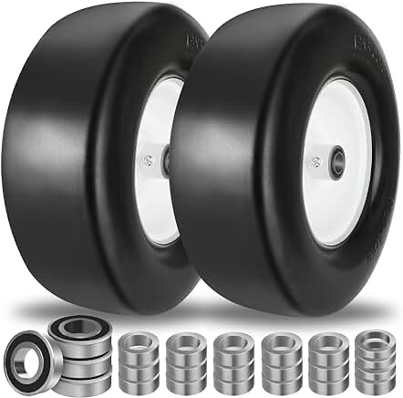 2pcs 13x5.00-6" Flat Free Lawn Mower tires lawn and garden lawn mower replacement Solid Tire and Wheel with Steel Rim 3/4" Grease Bushing and 3.25"-5.9" Centered Hub