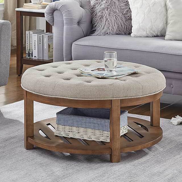 24KF Large Round Upholstered Tufted Linen Ottoman Coffee Table, Large Footrest Ottoman with Wood Shelf Storage-Iinen