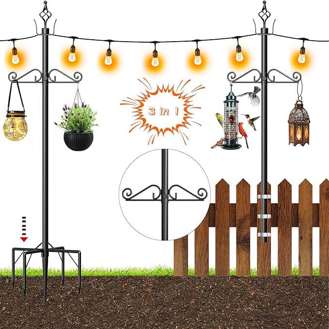 IRMNAN String Light Poles, 10FT Poles for Outdoor String Lights, String Light Poles for Outside, Adjustable Shepherds Hook, Outdoor Light Poles for Lawn, Patio, Gifts, Parties& Weddings, 2Pack, Black