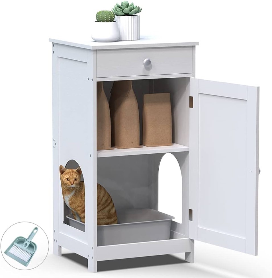 GiftGo Contemporary Home Hidden Cat Litter Box Enclosure Wooden Cabinet Furniture Cat Washroom Nightstand Storage Drawer, Inner Shelf, Arched Doorways (Greige)