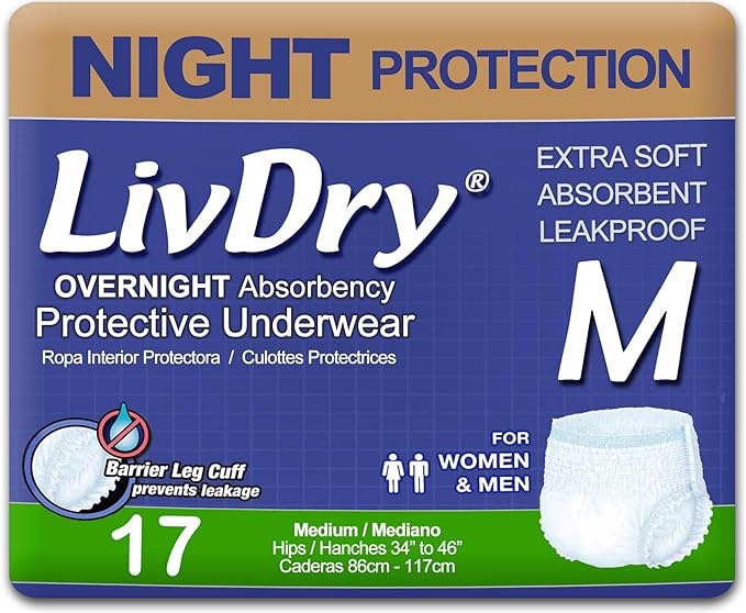 LivDry Adult M Incontinence Underwear, Overnight Comfort Absorbency, Leak Protection, Medium, 76-Pack