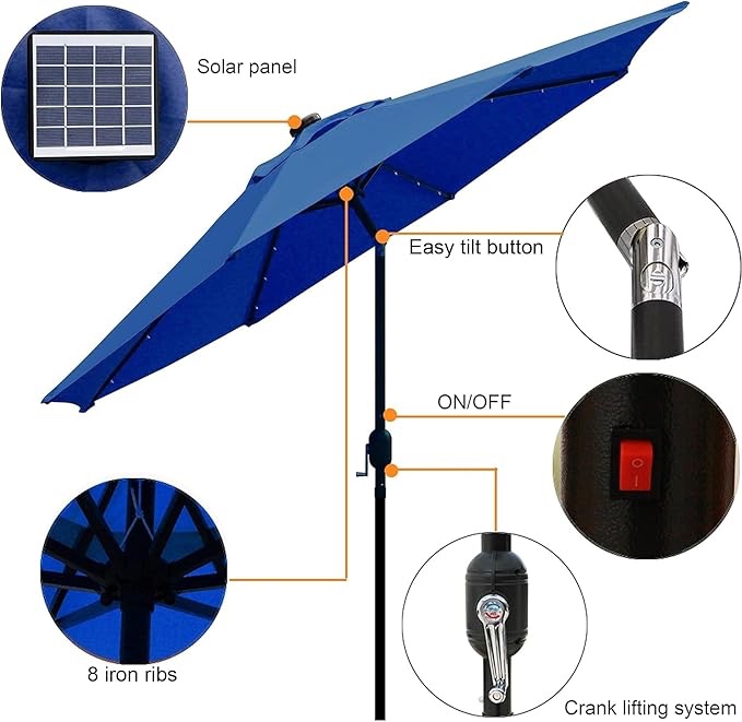 Blissun 9 ft Solar Umbrella 32 LED Lighted Patio Umbrella Table Market Umbrella with Tilt and Crank Outdoor Umbrella for Garden, Deck, Backyard, Pool and Beach (Navy Blue)