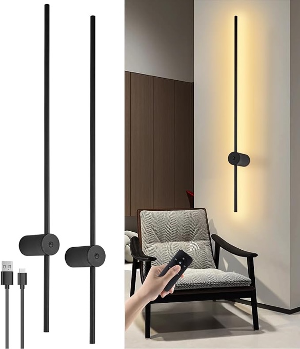 LED Wall Sconces Set of Two Battery Operated, USB Rechargeable Wall Lights Indoor, Dimmable Wall Lamp with Remote Control, 360° Rotation Wireless Lights for Living Room Bedroom Hallway, 39 inch Black Dimmable 39in (not working) 