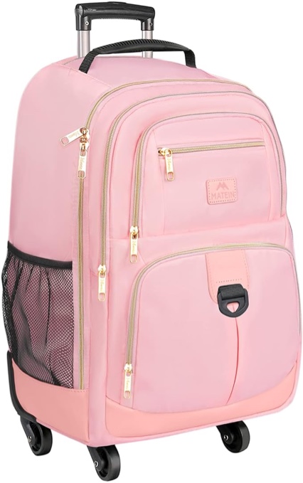 MATEIN Rolling Backpack with 4 Wheels, 17 inch Travel Laptop Backpack for Women Men, Large Wheeled Backpacks Water Resistant Business Carry on Bag Airline Approved, College Luggage Suitcase Bag, pink