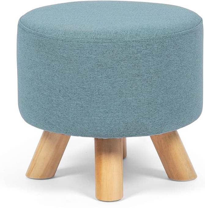 Edeco Modern Round Ottoman Foot Rest Stool/Seat with Linen Fabric and Non-Skid Wooden Legs (Blue