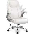 Office Chair - Ergonomic Executive Computer Desk Chairs with Adjustable Flip-up Armrest, Swivel Task Chair with Lumbar Support, Strong Metal Base, PU Leather, White