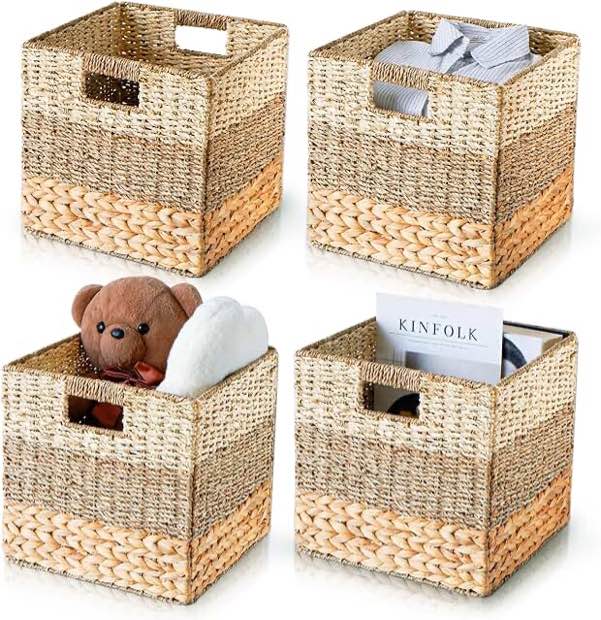 CHI AN HOME Wicker Storage Cubes for IKEA Kallax, HEAVY DUTY Hyacinth Storage Baskets for Shelves, Foldable Rattan Square Baskets, Closet Shelf Organizer Bins with Handles, Pack 4 (‎11.8 x 11.8 x 11.8 IN)