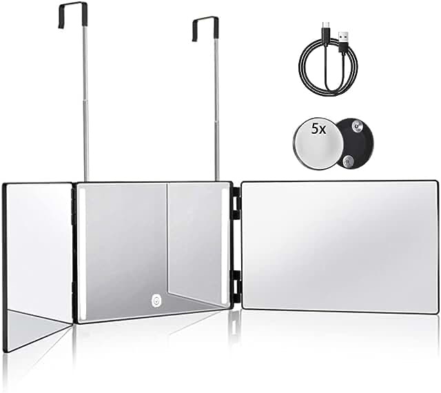 HIEEY 3 Way Mirror for Hair Cutting with LED,360 Trifold Mirror with Height Adjustable Telescoping Hooks,and 5X Magnification Mirror,for Makeup, Hair Styling (White)