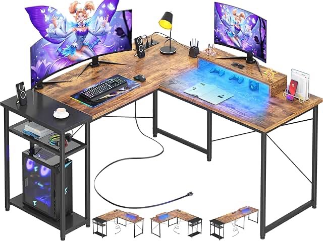 Cyclysio L Shaped Desk with Power Outlets and USB Ports, Reversible L Shaped Gaming Computer Desk with LED Light, 83.5'' Large 2 Person Desk with Monitor Stand, L-Shaped Corner Desk, Rustic and Black