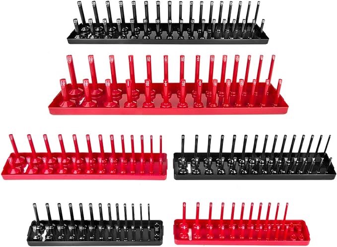 B&C Home Goods Socket Organizers - 6 Piece SAE & Metric Tray Socket Holder - Toolbox Organizers and Storage for ¼, ? and ½ inch Drive Holder for Mechanics