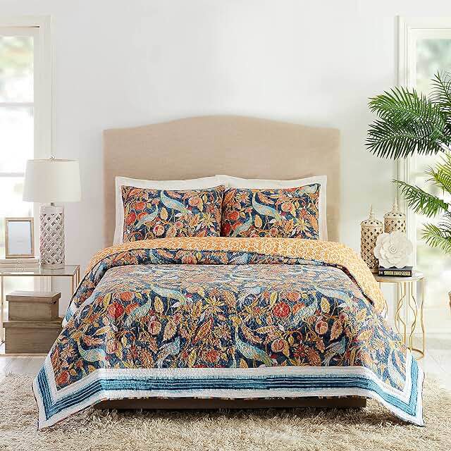 Dena Home Peacock Garden Quilt Set, Blue,King