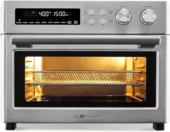 VAL CUCINA Infrared Heating Air Fryer Toaster Oven, Extra Large Countertop Convection Oven 10-in-1 Combo, 6-Slice Toast, Enamel Baking Pan Easy Clean with Recipe Book, Brushed Stainless Steel Finish