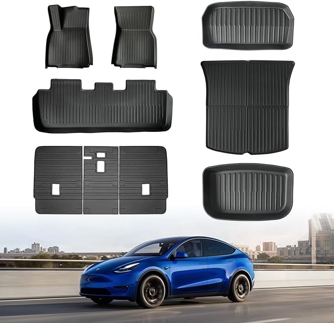 Tesla Model Y Floor Mats for 2023 2022 2021, Foronetry 9PCS All Weather Full Set Cargo Liners Accessories, 3D TPE Odorless Floor Mat Trunk Frunk Rear Well Mats Custom for 5-Seater