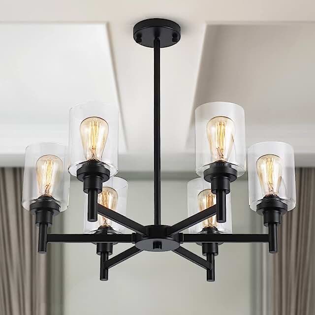 LIGHTDAMY Farmhouse Chandelier with Cylinder Clear Glass 6 Light Vintage Black Bedroom Kitchen Island Pendant Ceiling Lighting Industrial Metal Hanging Fixture for Dining Room Living Room 6-Lights D24.8"