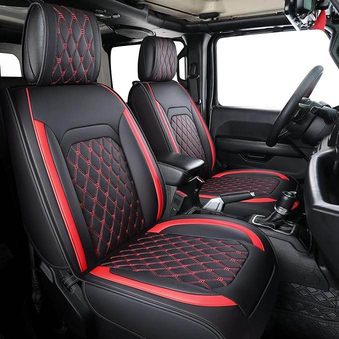 Aierxuan Jeep Wrangler JK JL 4-Door Seat Covers Full Set Custom Fit 2007-2024 Unlimited X Rubicon 392 Sahara Willys Sport High Altitude 4X4 Truck Pickup Waterproof Leather (Full Set/Black-R) Full Set/BLACK-Red