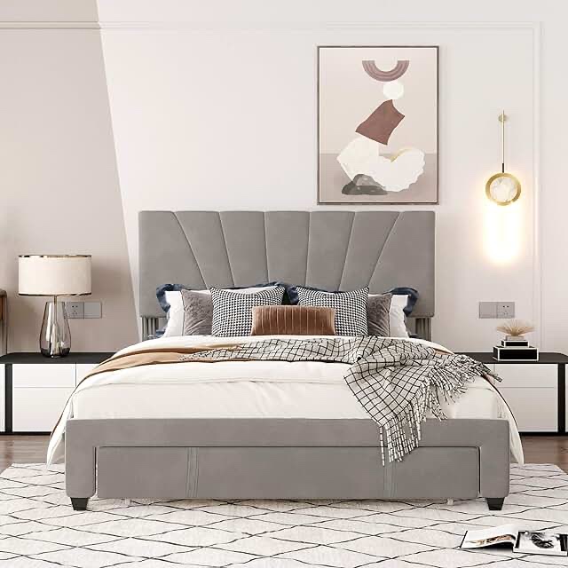 Lifeand Queen Size Storage Bed Velvet Upholstered Platform Bed with a Big Drawer - Beige Beige Queen+Big Drawer picture similar