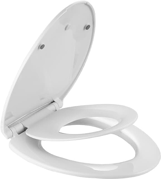 Toilet seat Elongated with Slow Close Hinges, Four Bumpers Never Loosen and Easily Remove, Two Sets of Parts, Plastic, White