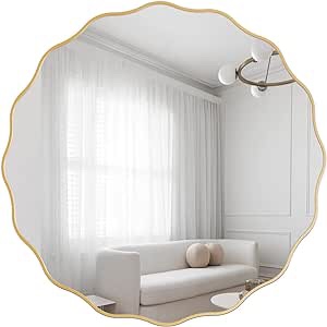 PROHOMEWARE 24 * 24â€œGold Bathroom Mirror for Wall,Wavy Round Mirror Vanity Mirror,Wall-Mounted Big Circle Mirror,Large Gold Mirror,Metal Frame Mirror for Bedroom Entryway Living Room Farmhouse