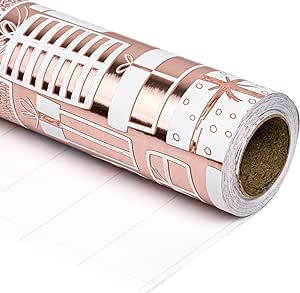 Christmas Wrapping Paper Roll - Rose Gold Santa, Snowflakes and Reindeer Holiday Collection with Metallic Foil 