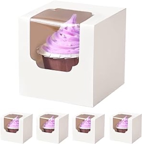 Shallive Cupcake Boxes 100pcs, Individual Cupcake Containers White with Window Insert and Handle, Pastry Box Single Muffins Holder Disposable for Bakery Wrapping Party Favor Packaging