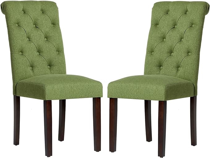 COLAMY Tufted Dining Chairs Set of 2, Accent Parsons Diner Chairs Upholstered Fabric Dining Room Chairs Side Chair Stylish Kitchen Chairs with Solid Wood Legs and Padded Seat - Green
