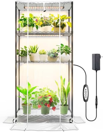 Barrina Mini Greenhouse with LED Grow Light for Indoor Plant, 4-Tier Portable Metal Plant Stand with Wheels, Plant Shelf with Tent, 6Pcs Plant Light with Timer and Thermo-Hygrometer, 35.4x13.8x59IN
