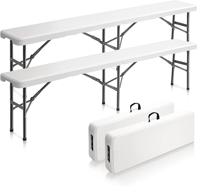 VINGLI 2 Pack 6 feet Plastic Folding Bench,Portable in/Outdoor Picnic Party Camping Dining Seat, Garden Soccer Multipurpose Entertaining Activities, White