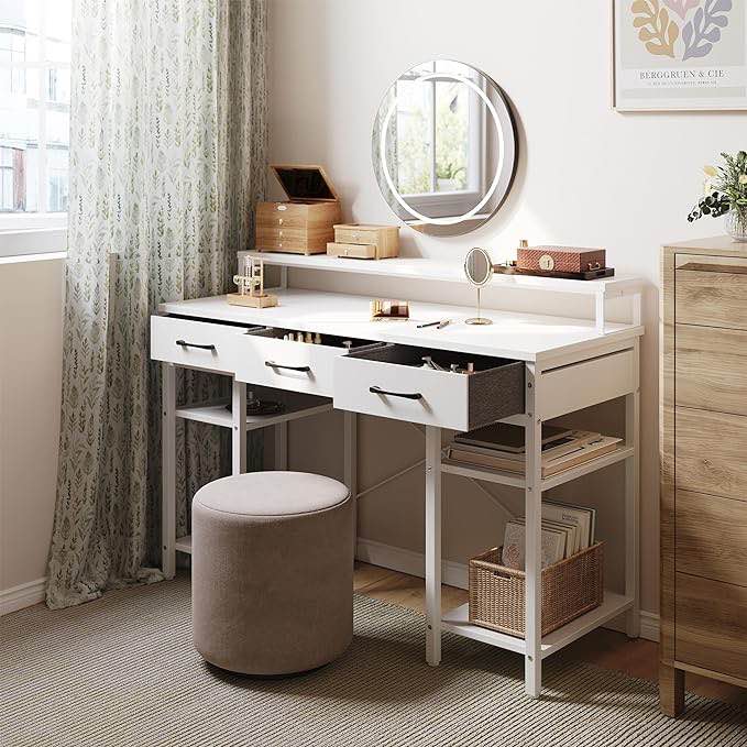 CubiCubi 47 Inch Computer Office Home Desk with Fabric Drawers and Storage Shelfs, Small Modern Desk Study Writing Table with Monitor Shelf, White picture similar