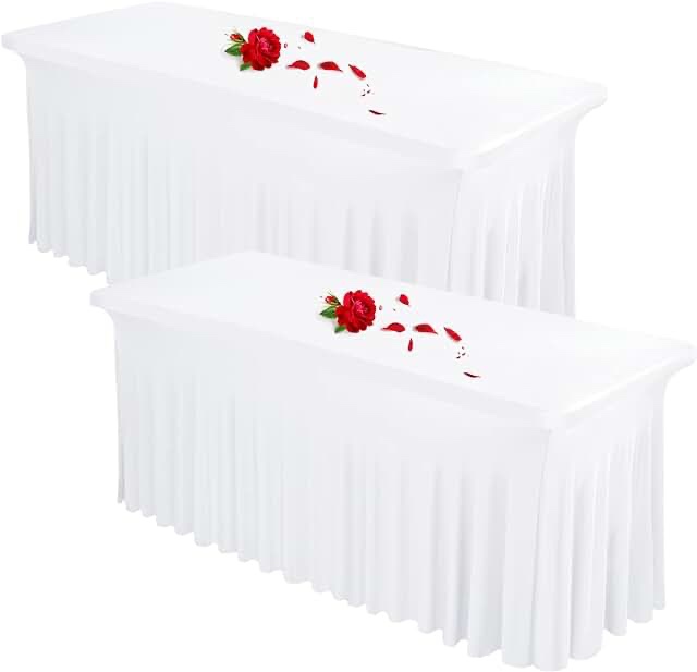 2 Pack 8ft Spandex Table Skirts Stretch Table cover,One-Piece Wrinkle Resistant Fitted Tablecloth and Table Skirt for Rectangle Tables Tradeshows Restaurants Weddings Banquets Parties Events (White)