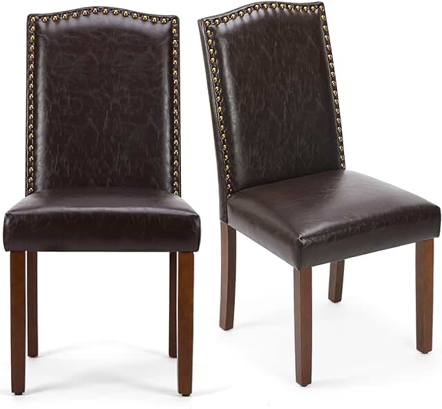 MCQ Upholstered Dining Chairs Set of 2 Modern Upholstered Leather Dining Room Chair with Nailhead Trim and Wood Legs, Mid-Century Accent Dinner Chair for Living Room, Kitchen, Dark Brown