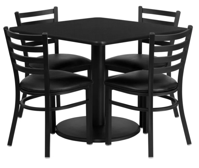 Black Hao 36'' Square Laminate Table Set with Round Base and 4 Ladder Back Metal Chairs (incomplete, missing pieces)