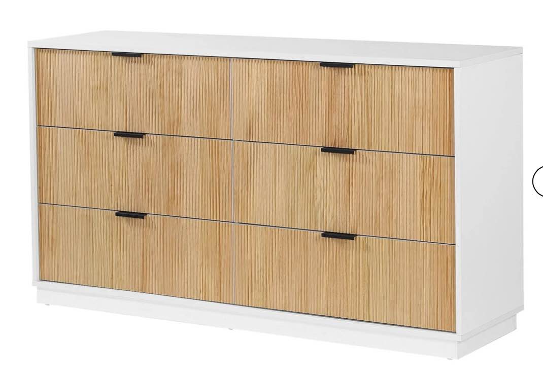 DG Casa Easton Modern 6-Drawer White Dresser in Natural Oak, Metal Hardware Pulls & Textured Drawers(incomplete box 1/2)