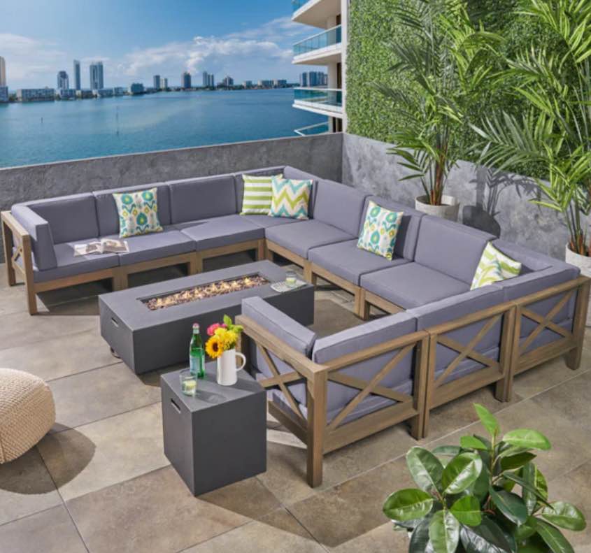 Outdoor Acacia Wood 10 Pieces U-Shaped Sectional Sofa Set With Fire Pit (incomplete 2 armless chair only)