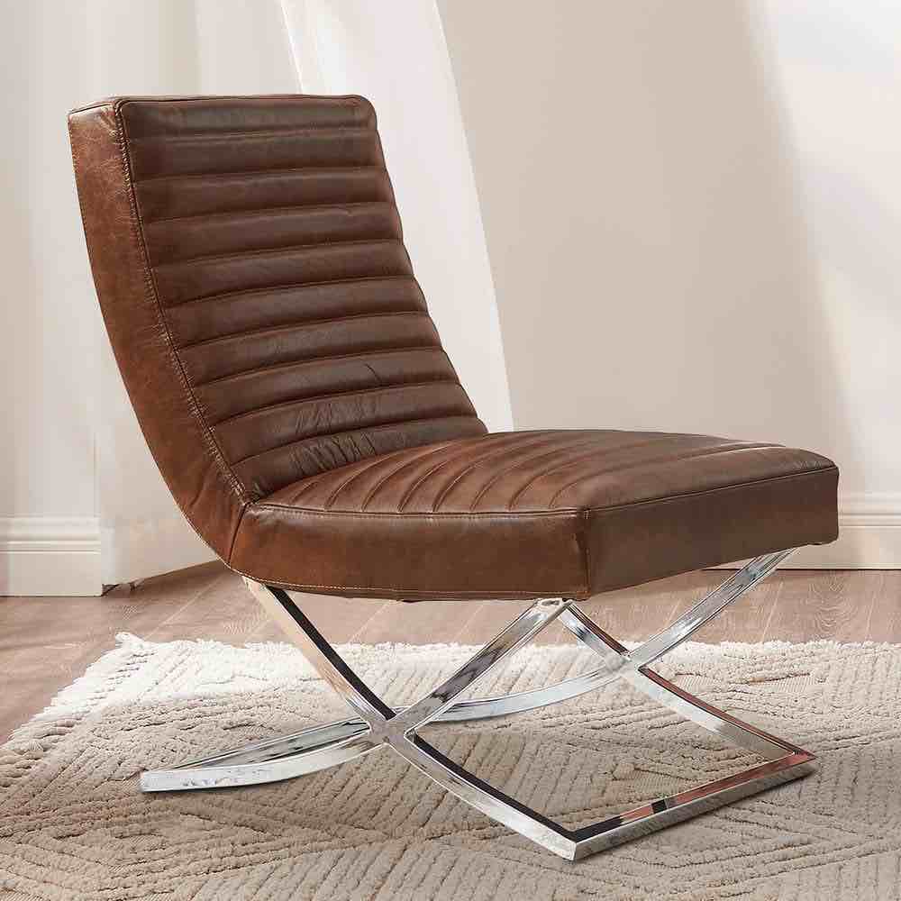 Sally Brown Top Genuine Leather Accent Side Chair with X-Crossed Metal Legs SF013-1BR-R