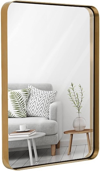 Hamilton Hills 24x36 inch Metal Gold Frame Mirror for Bathroom | Brushed Rectangular Rounded Corner Vanity | 2" Deep Set Design Large Wall Mirrors Decorative | Hangs Horizontal and Vertical 24" x 36" Gold