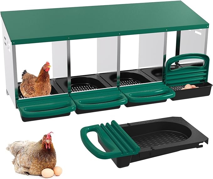Chicken Nesting Boxes, 4 Compartment Metal Chicken Laying Box with Swing Perch and Rollout Egg Collection