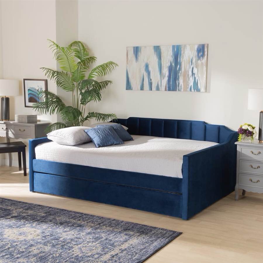 Lennon Daybed with Trundle in Navy Blue Velvet Fabric Finish by Baxton Studio CF9172-NAVY BLUE (incomplete box 2 of 2 only)