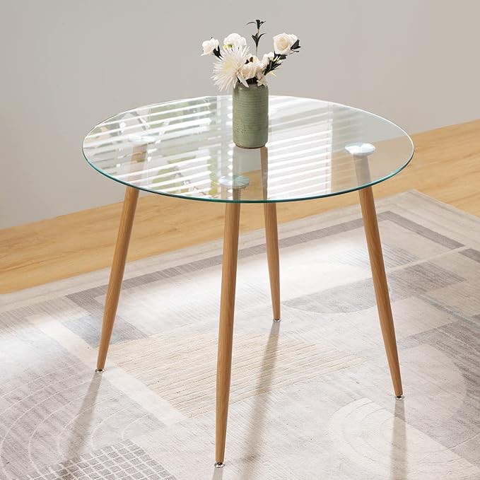 SICOTAS Dining Table Round - Glass Top Kitchen Table with Wooden Metal Legs *incomplete* *similar to stock photo* 