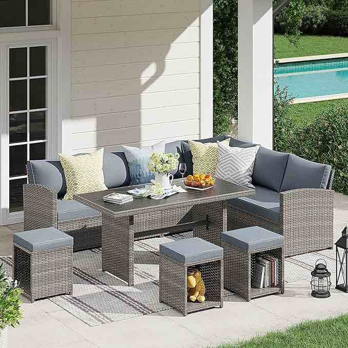 Patio Furniture Set, 7 Piece Patio Dining Sofa Set, Outdoor Sectional Sofa Conversation Set All Weather Wicker Rattan Couch Dining Table & Chair with Ottoman, Aegean Gray / Blue, (Incomplete//Box 3 Of 3) 