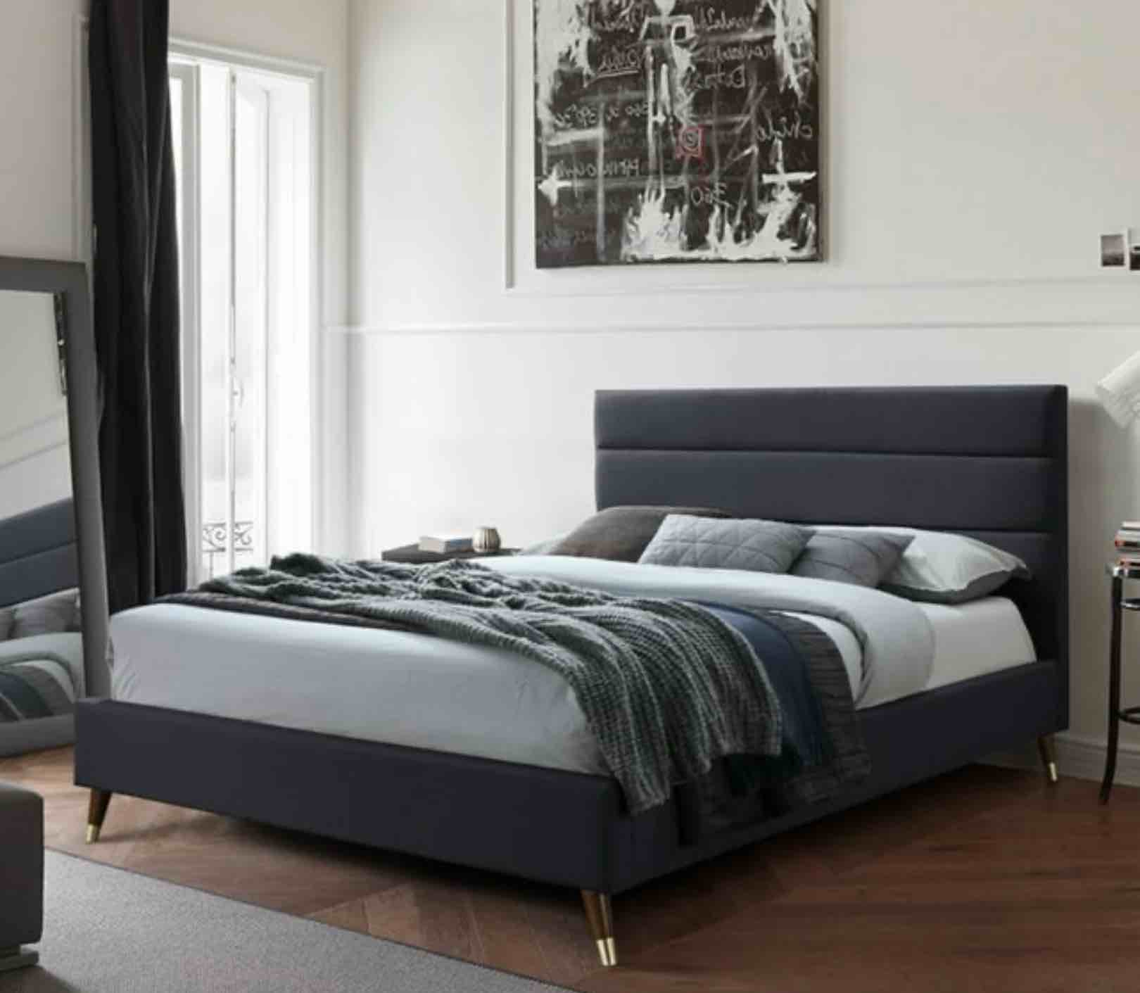 DG Casa  King Size Hayden Mid Century Modern Upholstered Platform Bed Frame with Horizontal Channel Headboard and Full Wooden Slats , Box Spring Not Required - king  Size in Charcoal Fabric 