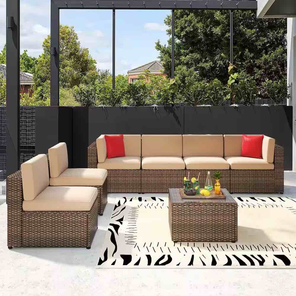 7-Piece Brown Wicker Outdoor Patio Conversation Set with Beige Cushions and Coffee Table  (Incomplete//Only 1 Box) 