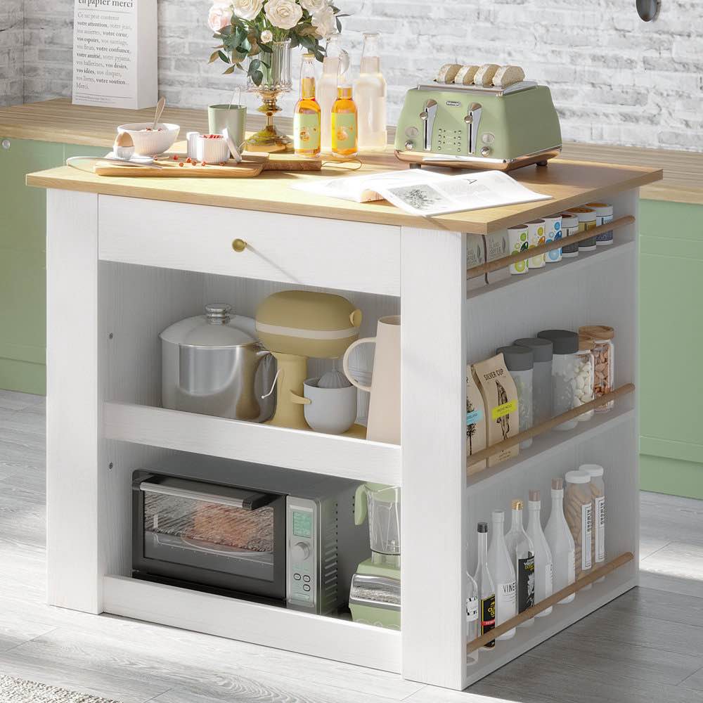 Red Barrel Studio® Kitchen Island With Storage And Power Strip, 2-Door Cabinet And 2 Open Shelves/Dual Side Drawers/5 Open Spice Racks, White